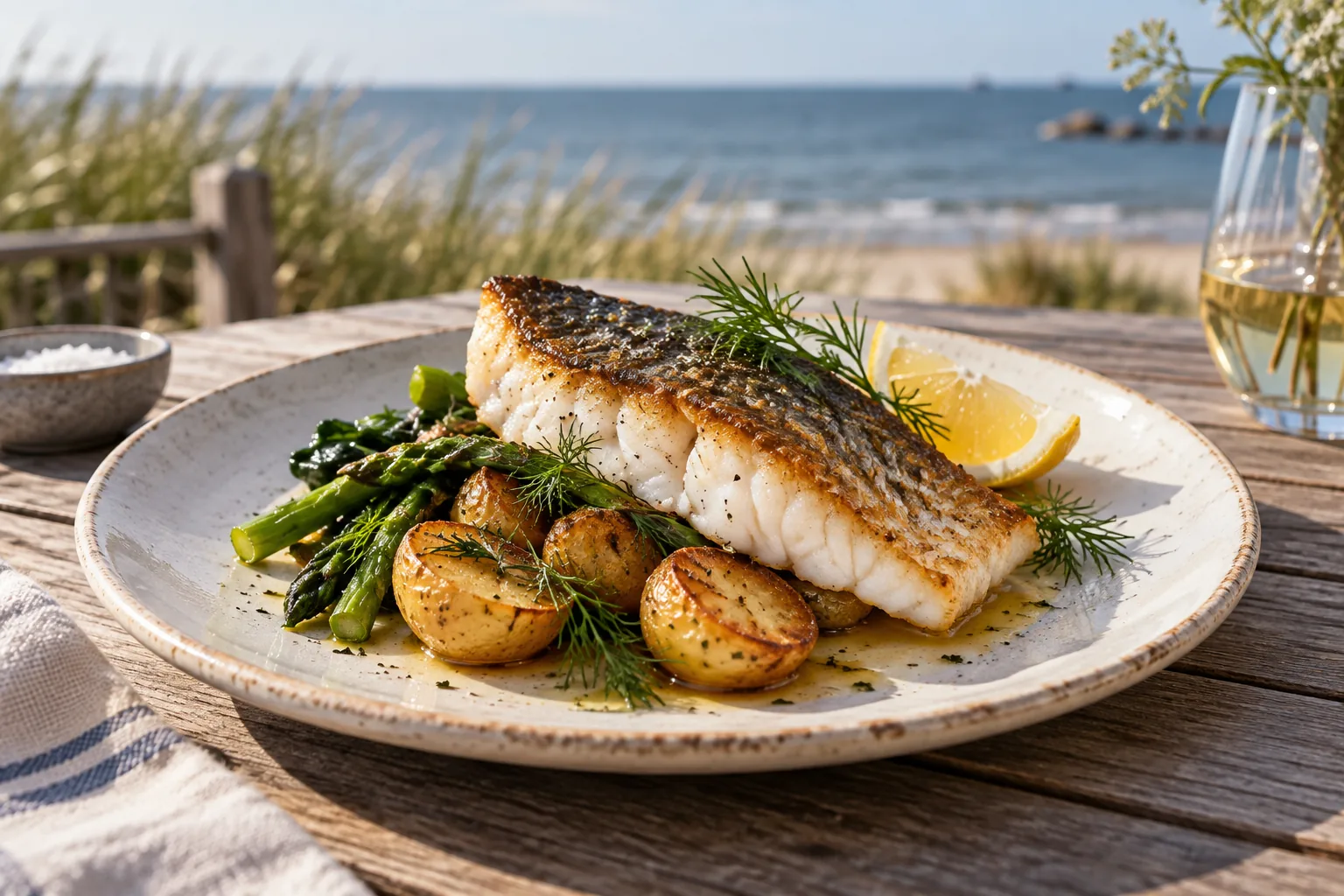 Fischfilet mit Kartoffeln, Gemüse und Zitrone auf einer Terrasse am Meer