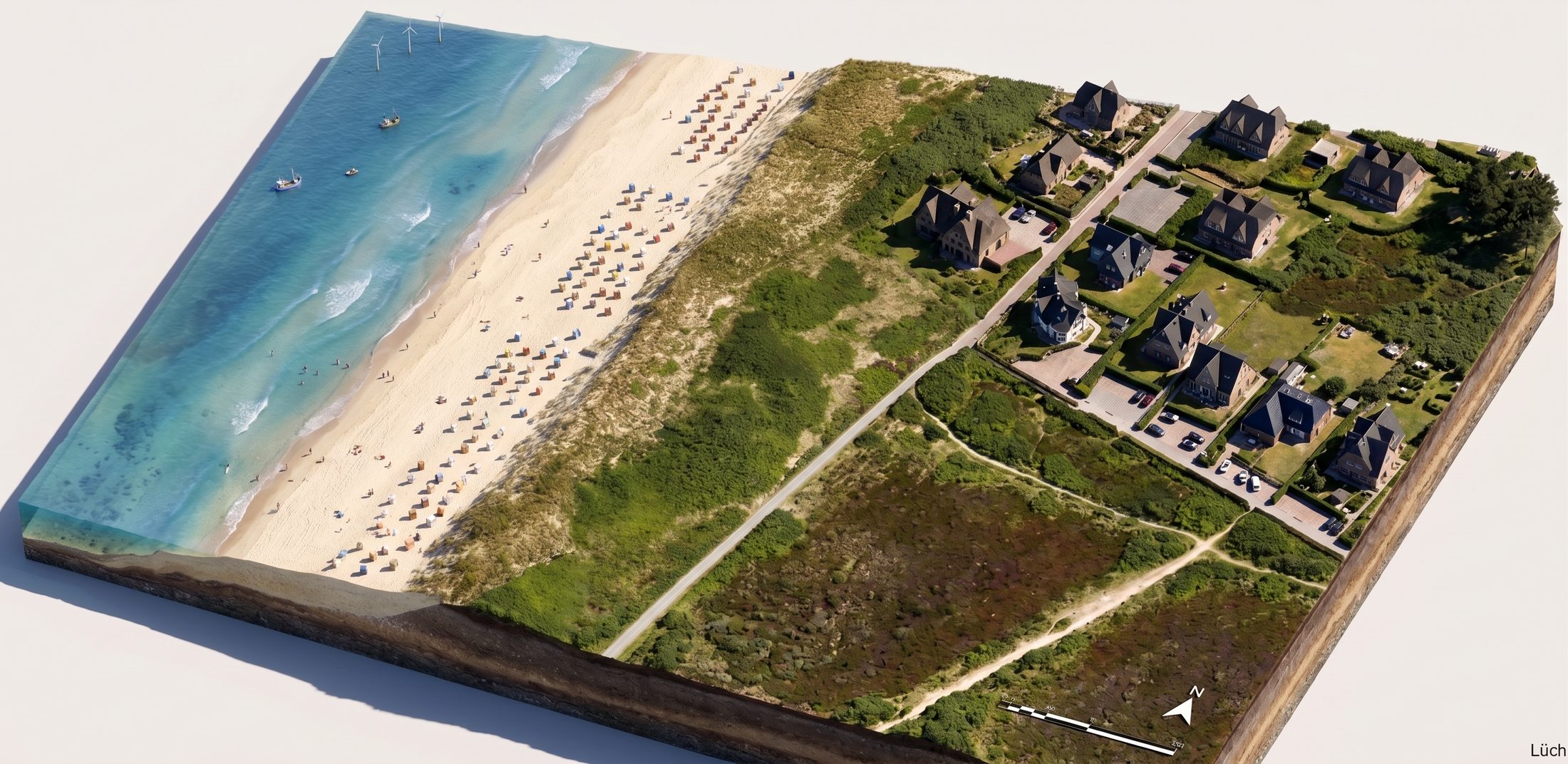 Übersicht der Lage des Hauses am Meer zwischen Heide und Badestrand