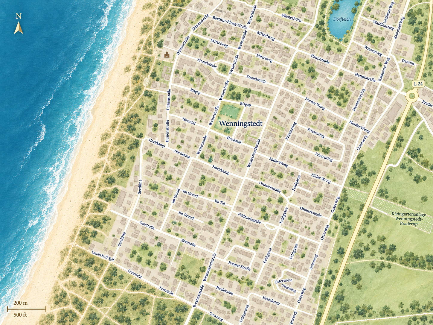 Straßenkarte von Wenningstedt mit Nordsee, Dorfteich und den sechs Häusern