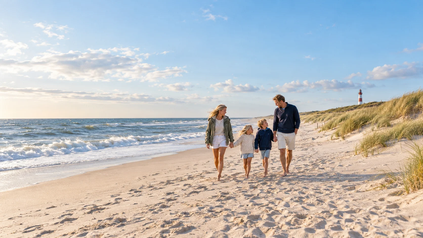 Familie bei einem sommerlichen Strandspaziergang an der Nordsee