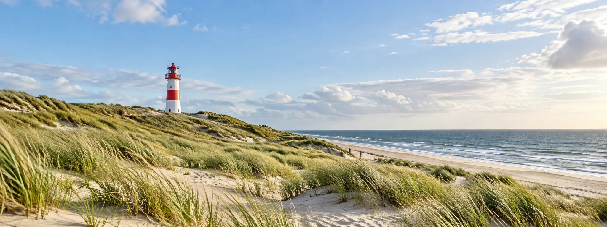 Sommerliche Dünenlandschaft mit Leuchtturm auf Sylt