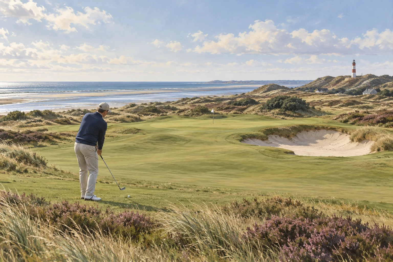 Golfer auf einem Sylter Golfplatz zwischen Dünen, Heide und Meer