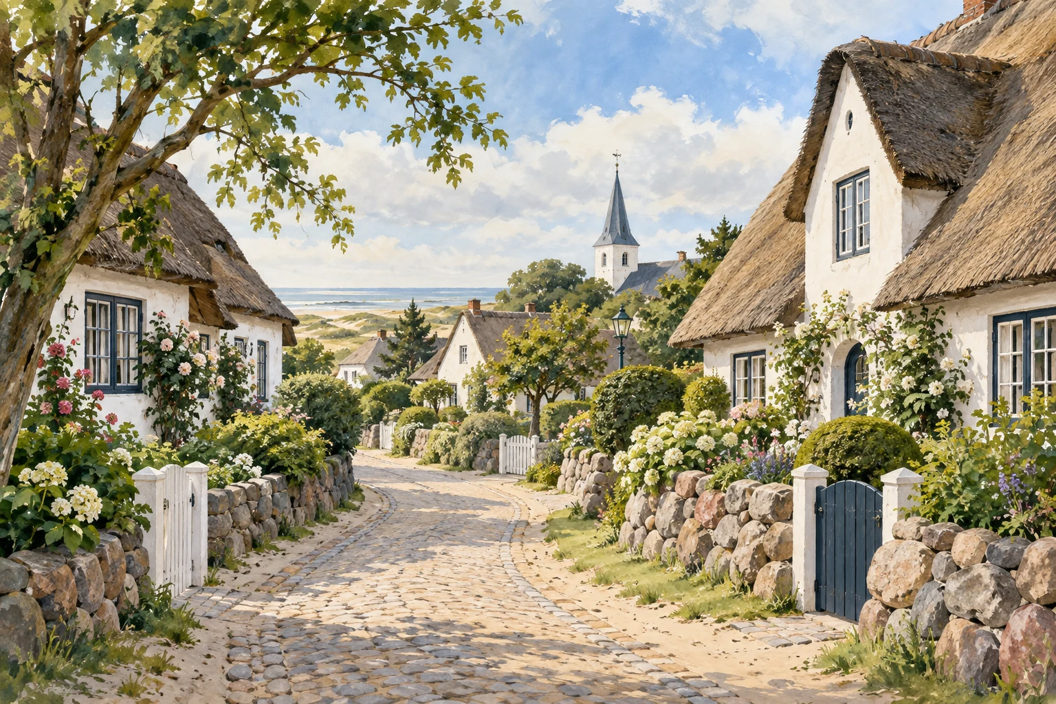 Keitumer Gasse mit reetgedeckten Kapitänshäusern und Gartenmauern