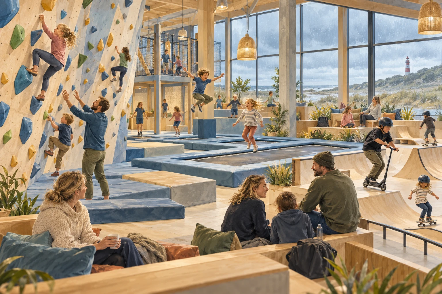 Aktivhalle mit Boulderwand, Trampolinen und Skatebereich