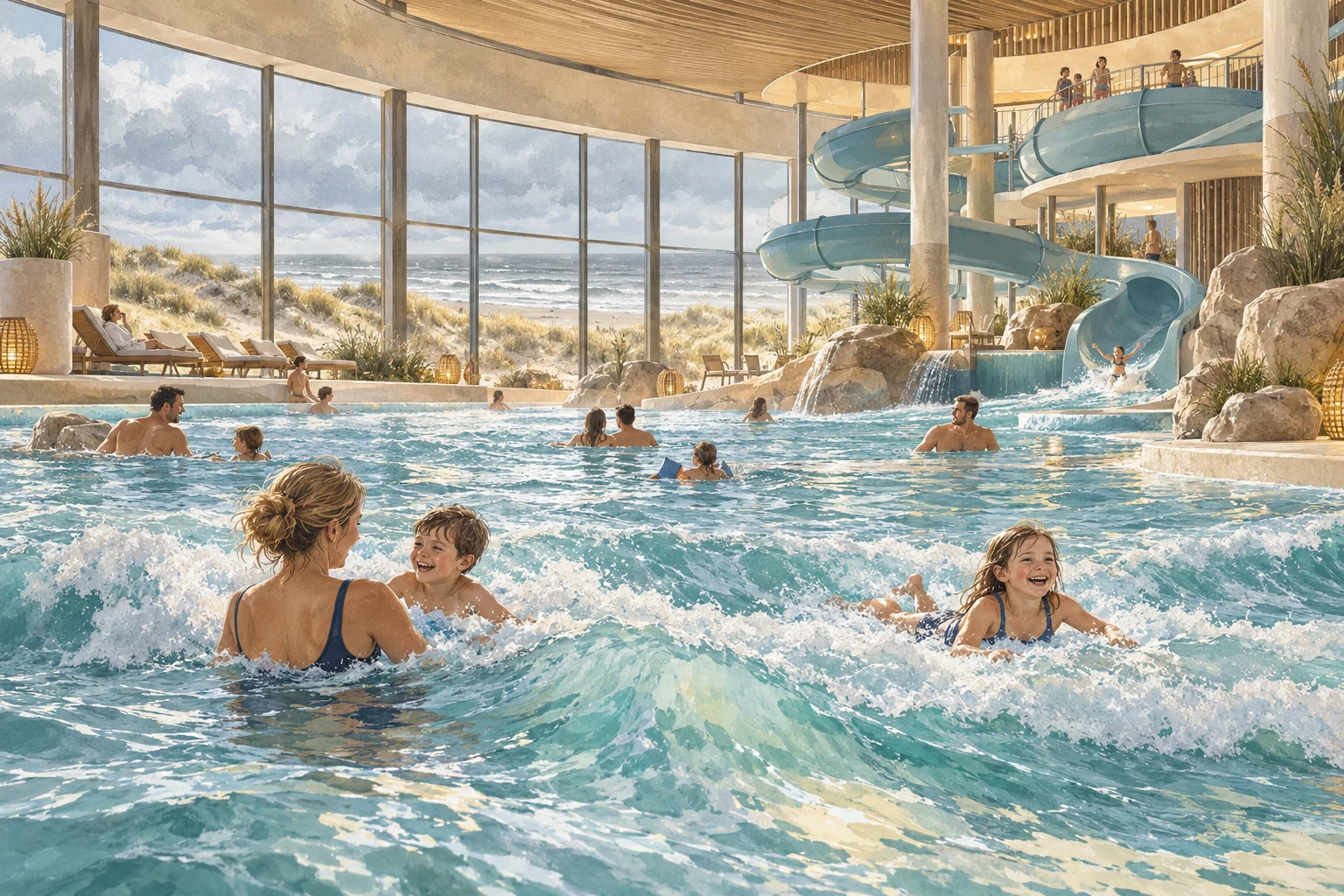 Helles Meerwasser-Freizeitbad mit Wellenbecken und Rutschen