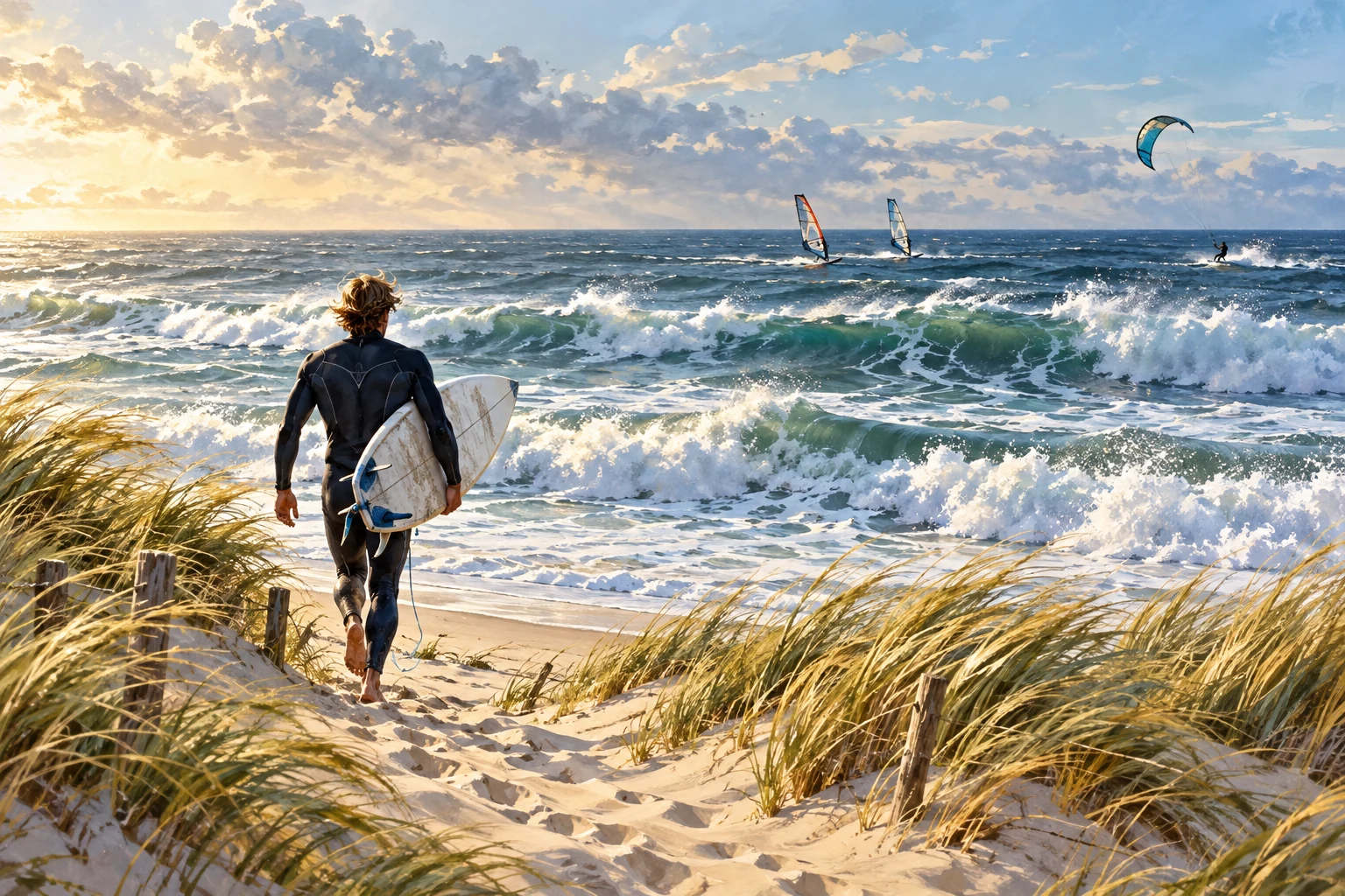 Surfer und Kitesurfer an der Sylter Westküste