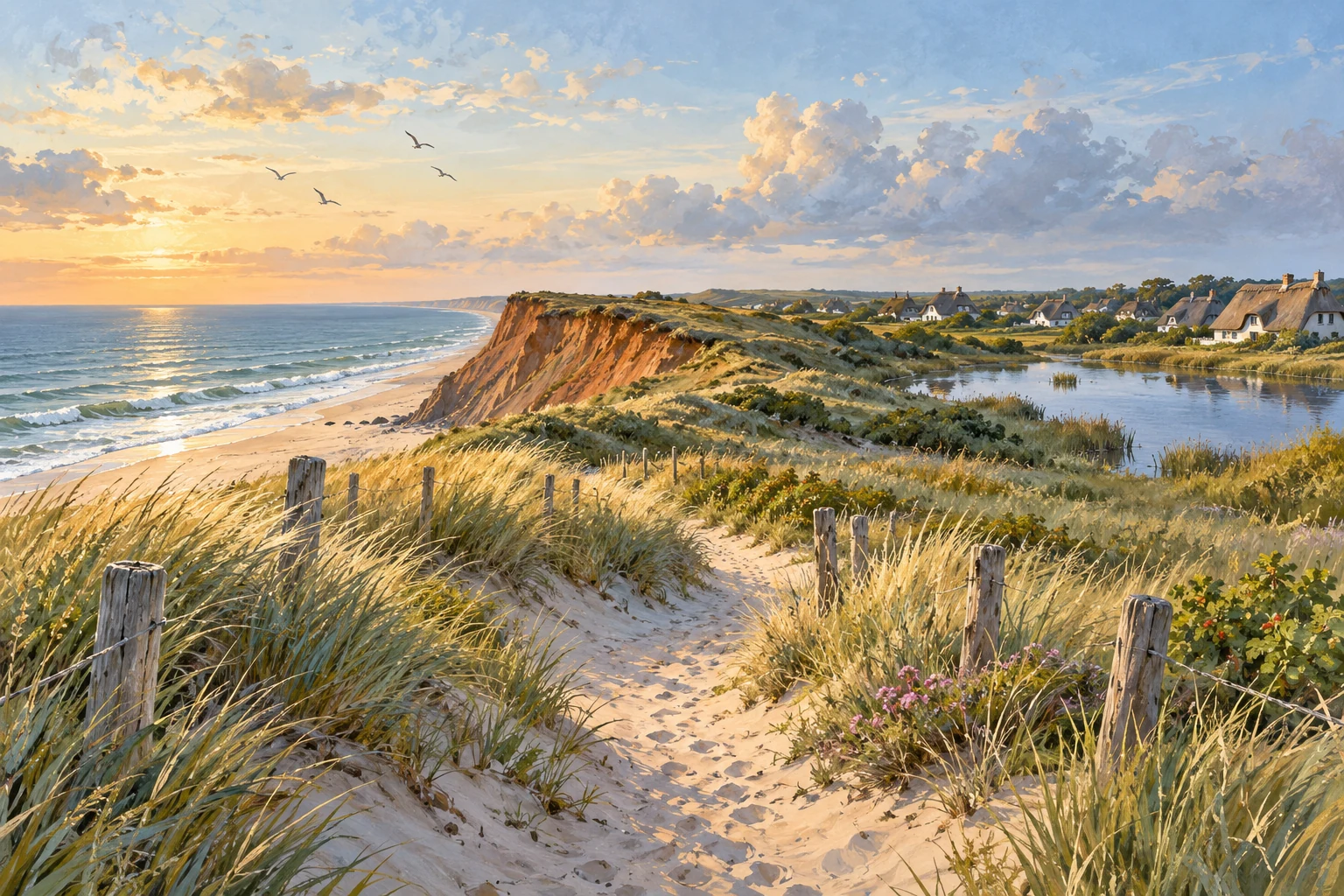 Dünenweg bei Wenningstedt mit Strand, Kliff und Dorfteich