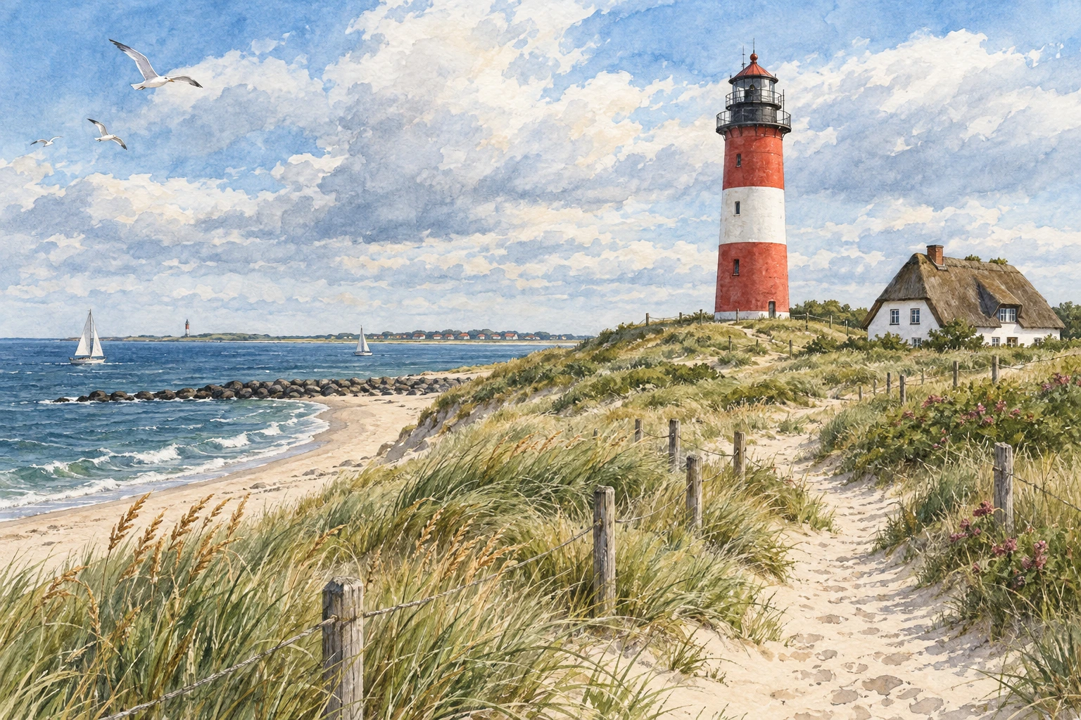 Aquarellillustration: Hörnum – Leuchtturm & Südspitze