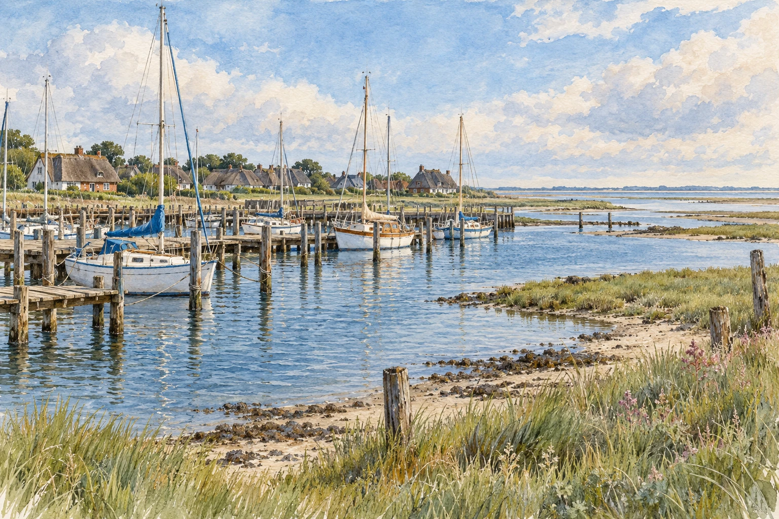 Aquarellillustration: Munkmarsch – Kleiner Hafen, große Ruhe