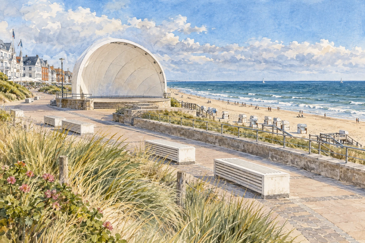 Aquarellillustration: Westerland – Promenade & Inselstadt