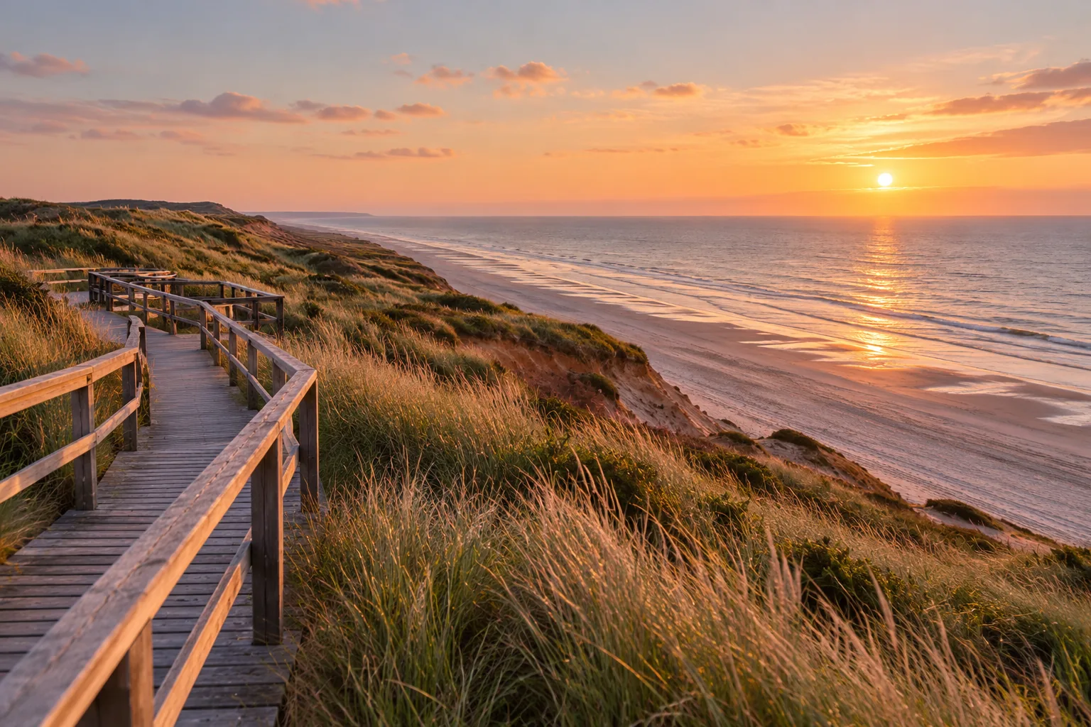 KI-Motiv: Sonnenuntergang am Küstenweg mit Dünen und Kliff