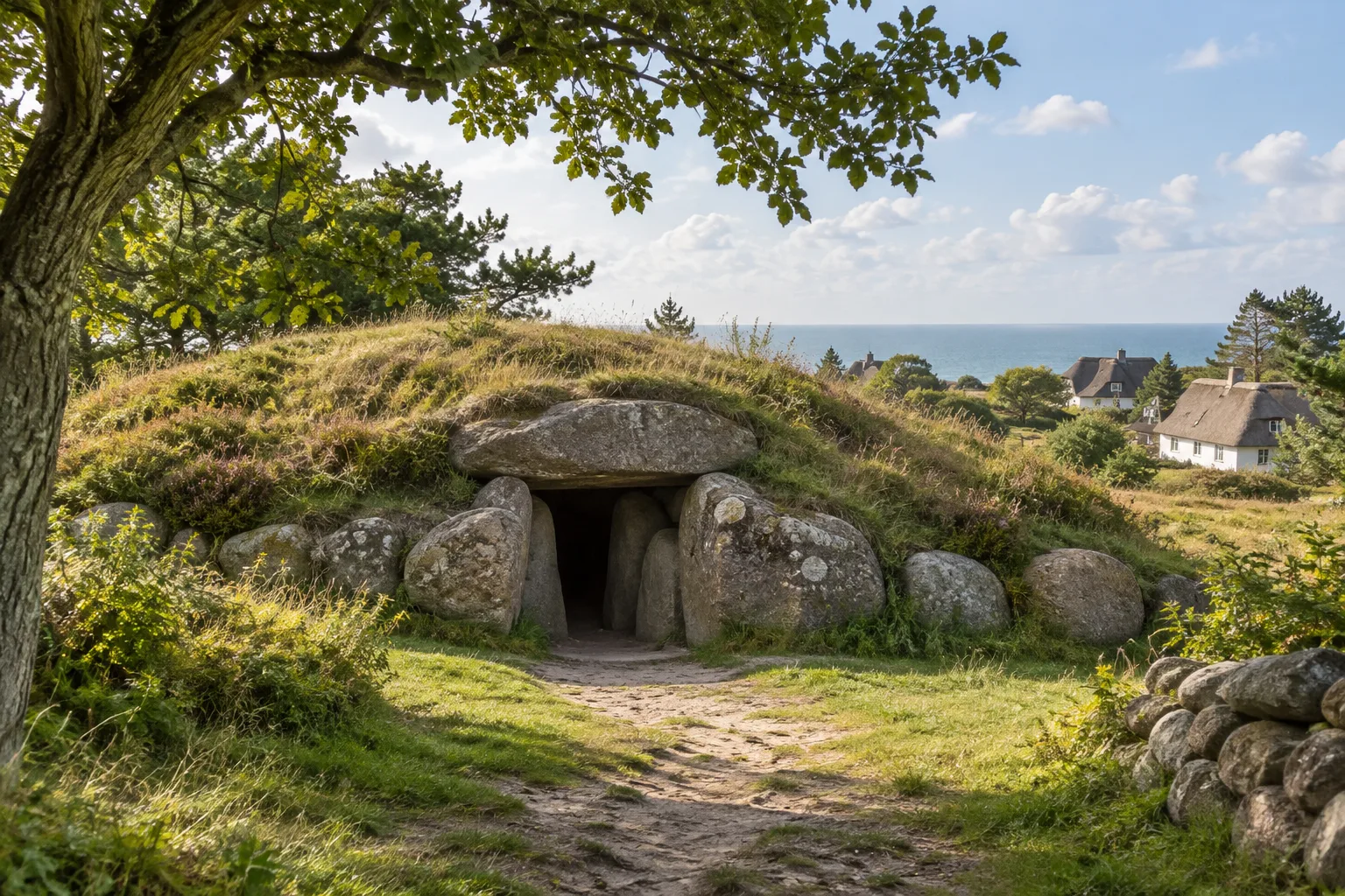 Beispielhaftes Motiv eines grasbewachsenen Steinzeitgrabes mit steinernem Eingang