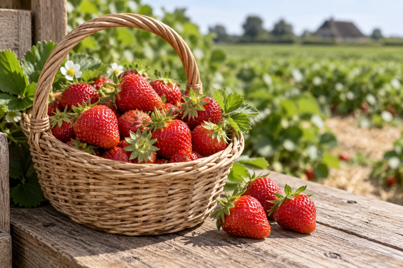 KI-Motiv: Erdbeeren in einem Korb an einem Hofladen