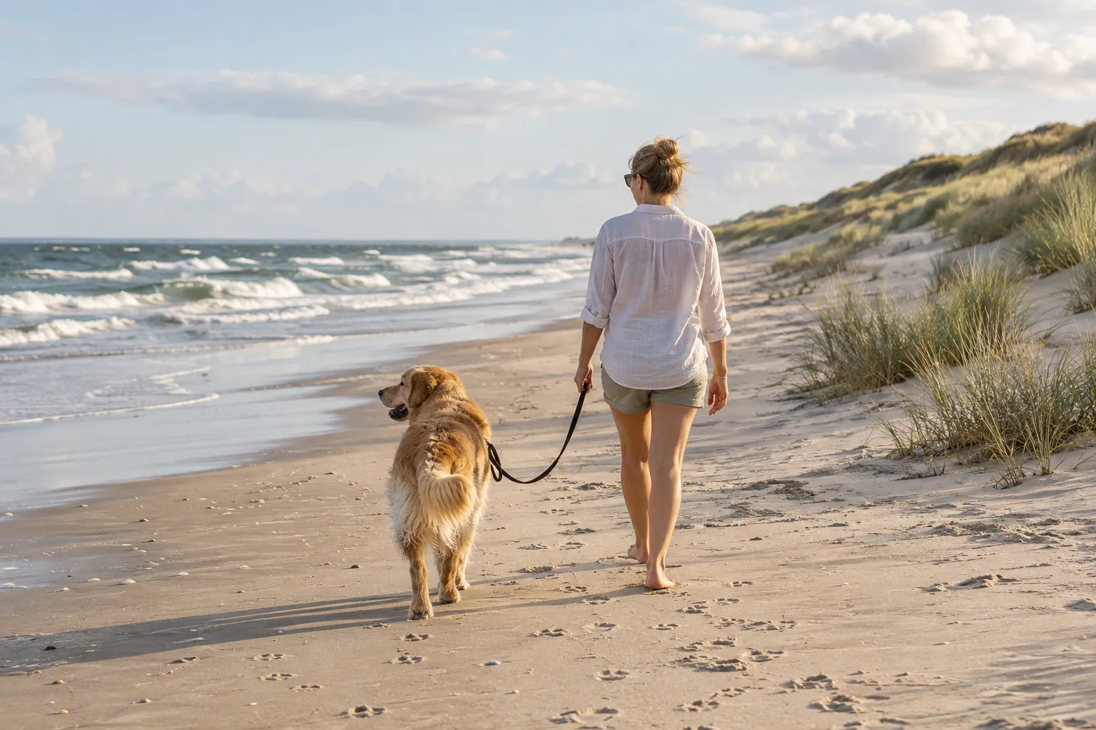 Hund an einer lockeren Leine bei einem Spaziergang am Nordseestrand