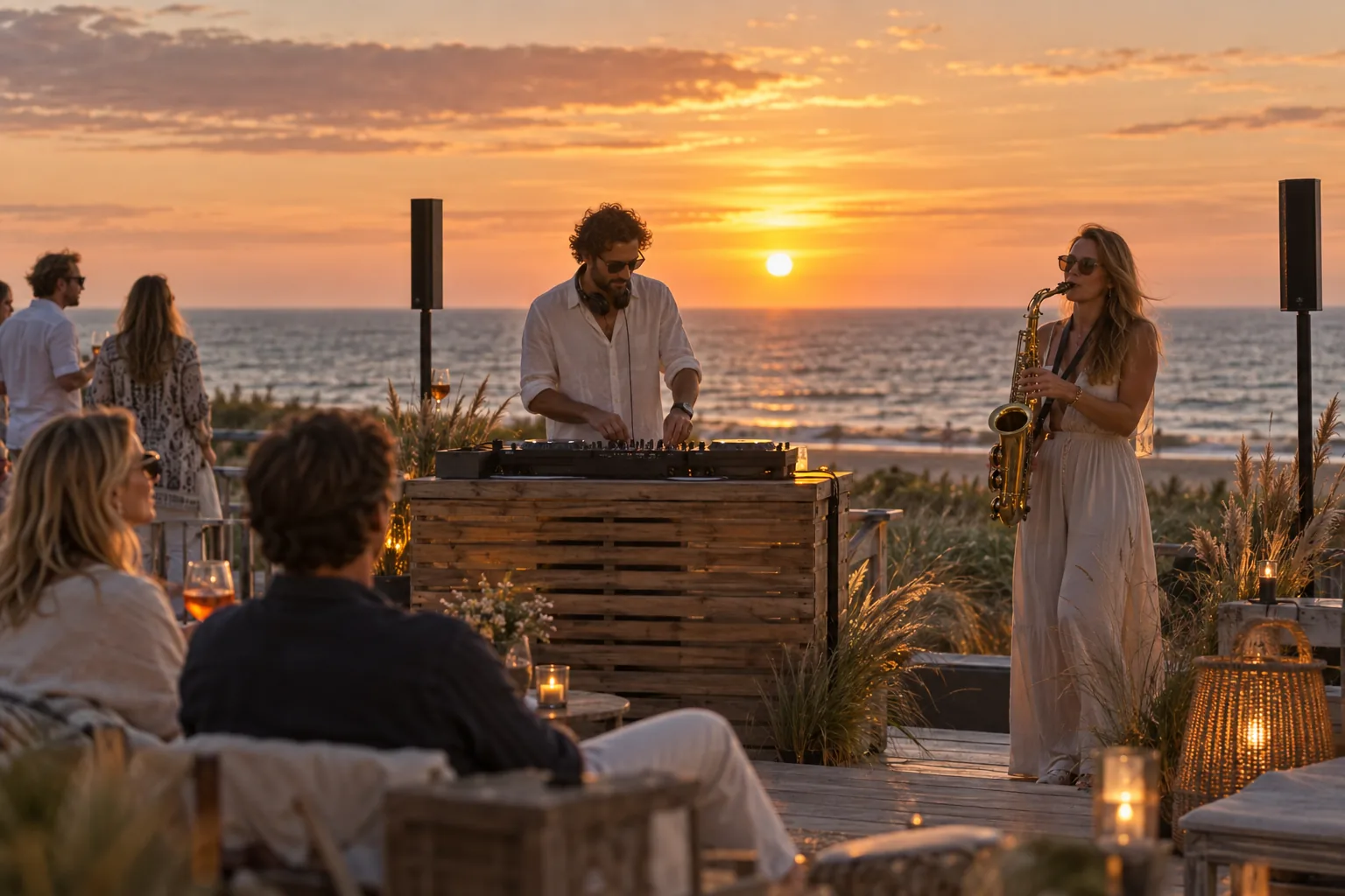 Beispielhafte Musikszene mit DJ und Saxophon am Meer bei Sonnenuntergang