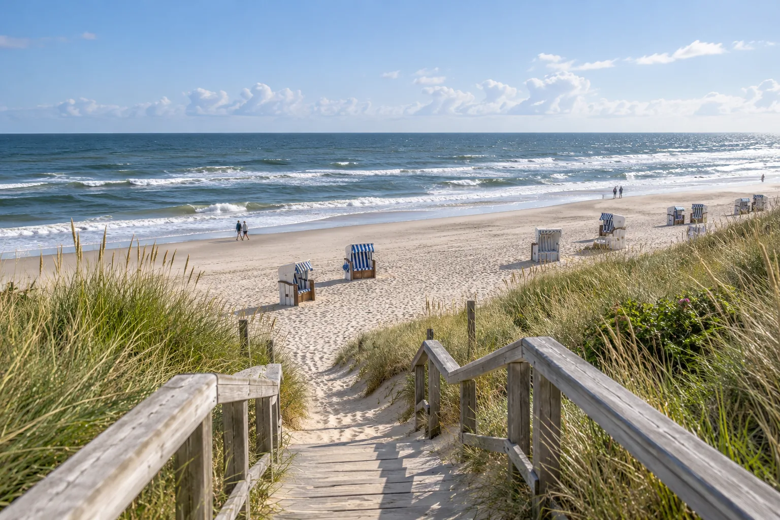KI-Motiv: Strandkörbe am Nordseestrand mit Dünenweg