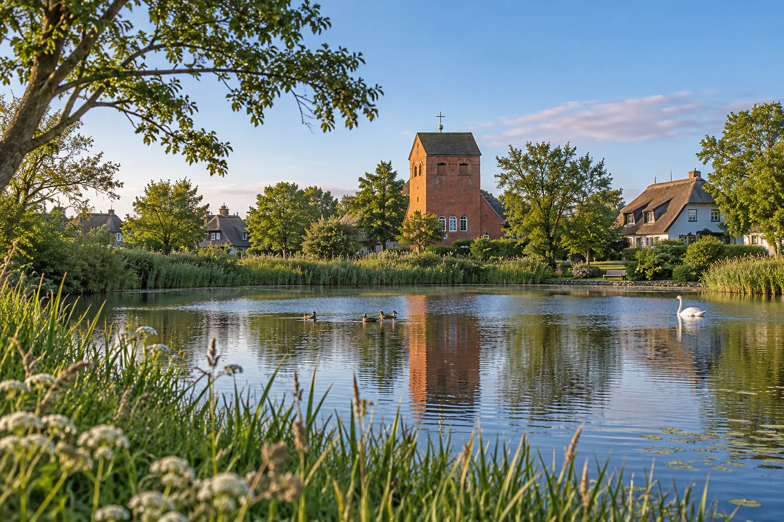 KI-Motiv: Dorfteich mit Reetdachhäusern und einer Kapelle