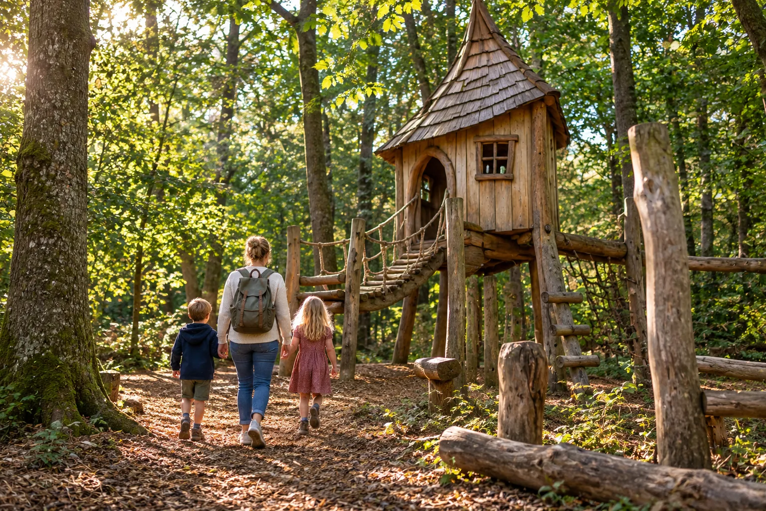 KI-Motiv: Holzspielhaus im Wald mit einer Familie